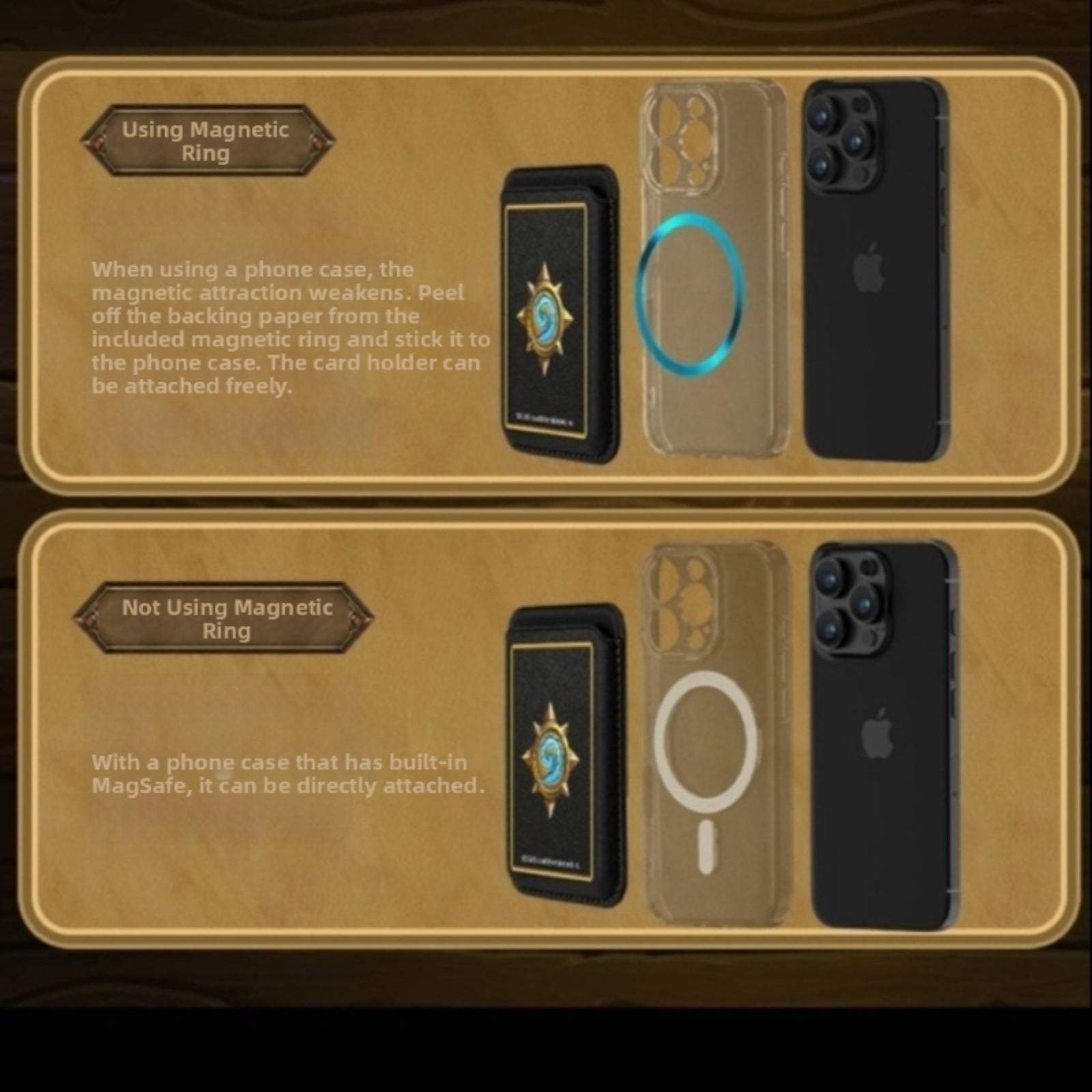 Split into two sections (on a wooden-style background), this guide shows how to attach a branded card holder: the top section ("Using Magnetic Ring") explains sticking a ring to non-MagSafe cases, while the bottom ("Not Using Magnetic Ring") notes direct attachment to MagSafe cases, with visuals of the holder, case, and phone.