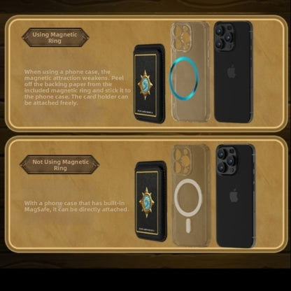 Split into two sections (on a wooden-style background), this guide shows how to attach a branded card holder: the top section ("Using Magnetic Ring") explains sticking a ring to non-MagSafe cases, while the bottom ("Not Using Magnetic Ring") notes direct attachment to MagSafe cases, with visuals of the holder, case, and phone.