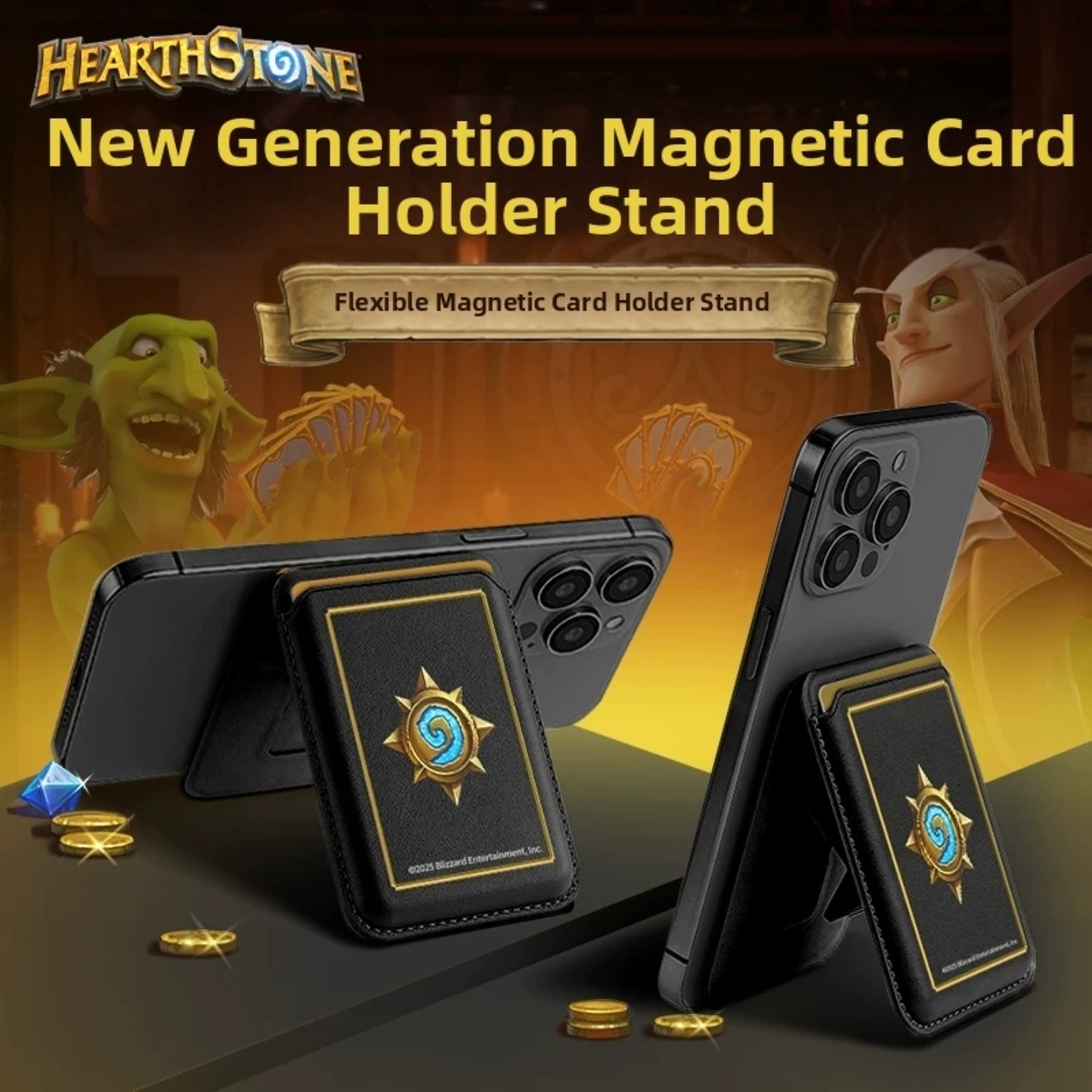 Against a warm, Hearthstone-themed backdrop (featuring game characters and cards), this graphic showcases the "New Generation Magnetic Card Holder Stand": two black holders (adorned with the Hearthstone sun emblem) prop up phones, with gold coins/diamonds nearby and text labeling it a "Flexible Magnetic Card Holder Stand."