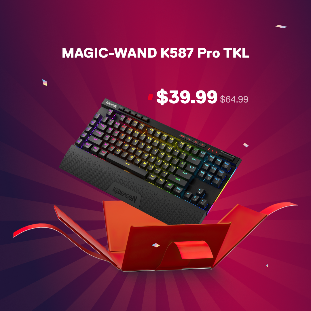 Mechanical keyboard with colorful backlighting on a red and purple background, featuring a sale price.