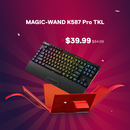 Mechanical keyboard with colorful backlighting on a red and purple background, featuring a sale price.