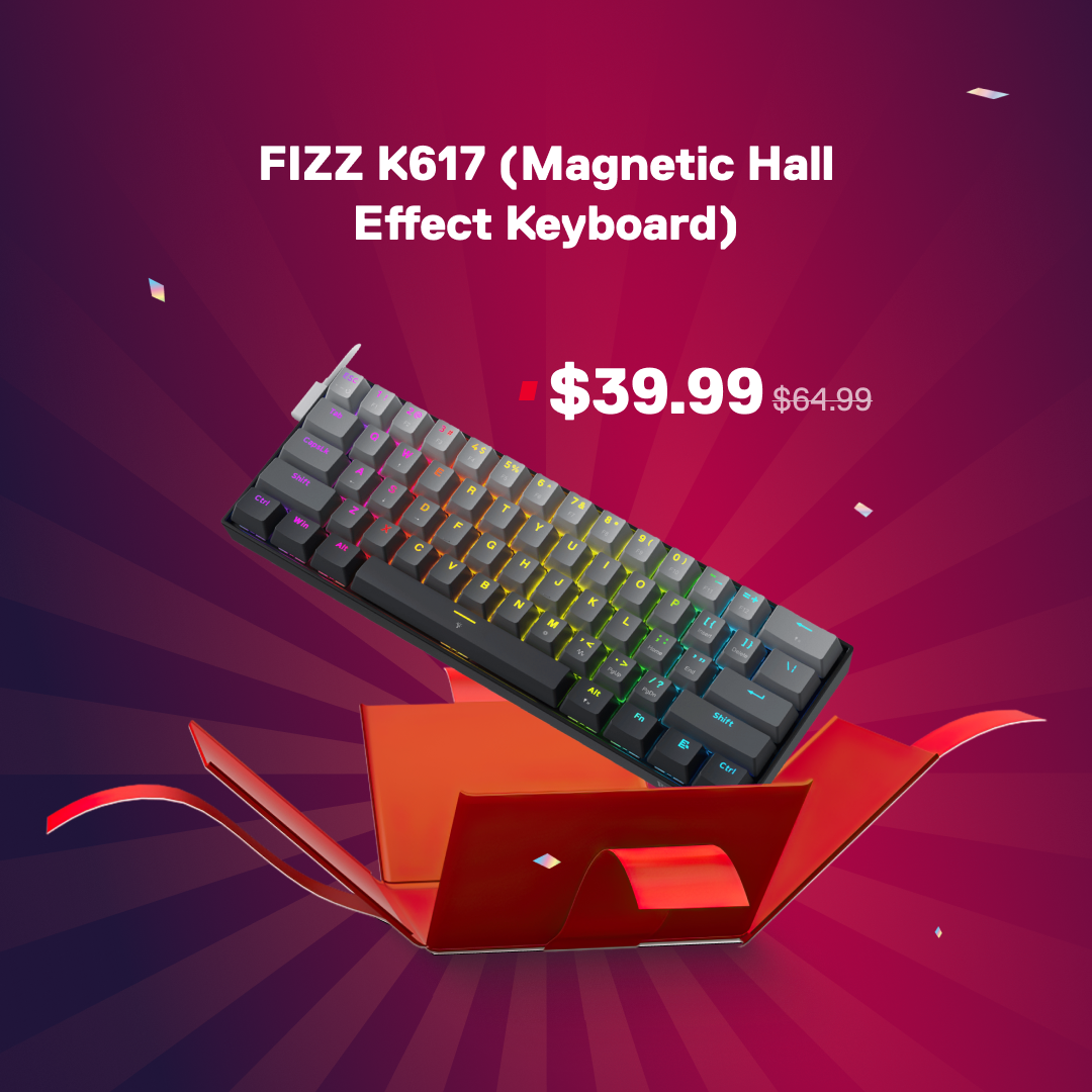 FIZZ K617 magnetic hall effect keyboard with price on a red and purple background