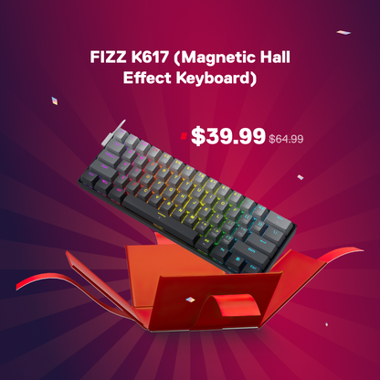 FIZZ K617 magnetic hall effect keyboard with price on a red and purple background