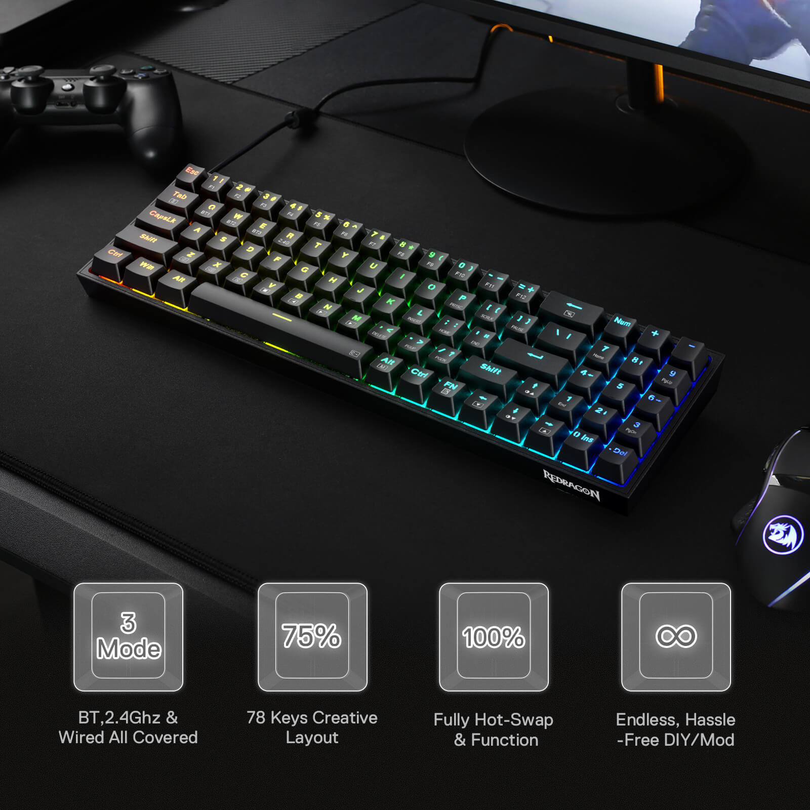 Redragon K628 75% Mechanical Gaming Keyboard and M693 Tri-Modes Gaming Mouse Combo. The keyboard features a compact 75% layout with RGB backlighting and high-performance mechanical switches