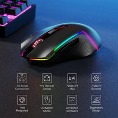 Redragon K628 75% Mechanical Gaming Keyboard and M693 Tri-Modes Gaming Mouse Combo. The keyboard features a compact 75% layout with RGB backlighting and high-performance mechanical switches. The mouse supports three connectivity modes: wired, 2.4GHz wireless, and Bluetooth,  and 7200 DPI with 7 Macro Buttons offering flexible gaming experiences. The combo is designed for high-precision gaming and enhanced user control.