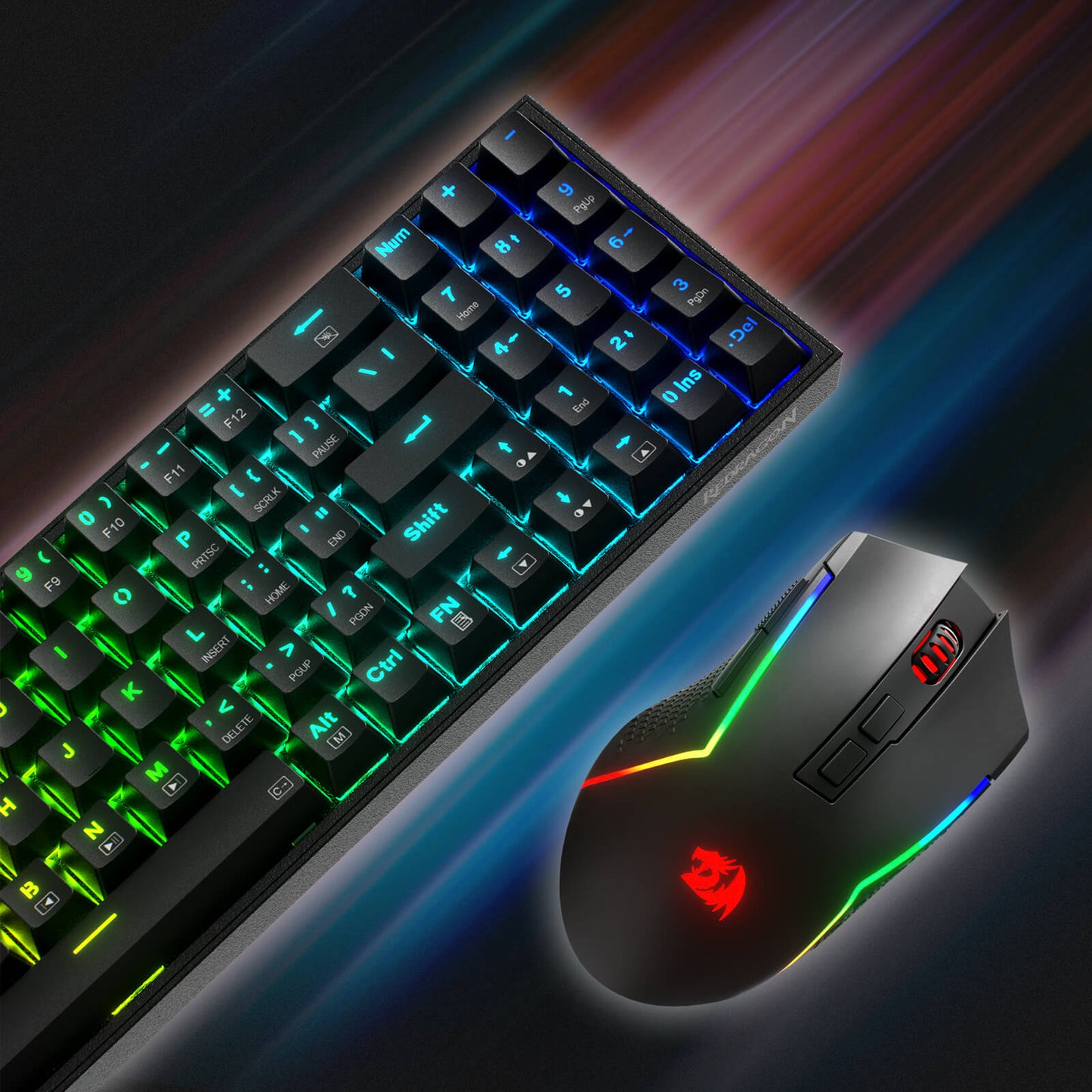 Redragon K628 75% Mechanical Gaming Keyboard and M693 Tri-Modes Gaming Mouse Combo. The keyboard features a compact 75% layout with RGB backlighting and high-performance mechanical switches. The mouse supports three connectivity modes: wired, 2.4GHz wireless, and Bluetooth,  and 7200 DPI with 7 Macro Buttons offering flexible gaming experiences. The combo is designed for high-precision gaming and enhanced user control.