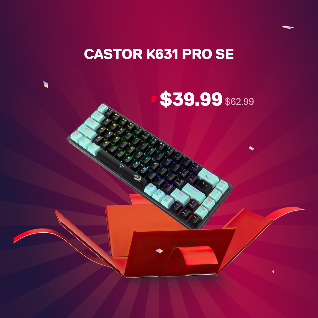 Castor K631 Pro SE keyboard with price on a red and purple background