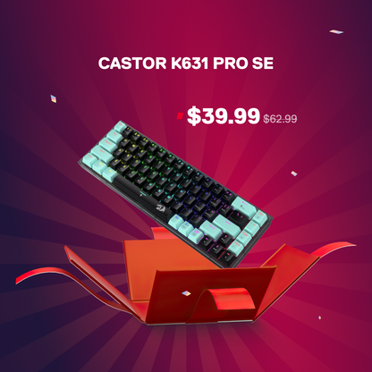 Castor K631 Pro SE keyboard with price on a red and purple background