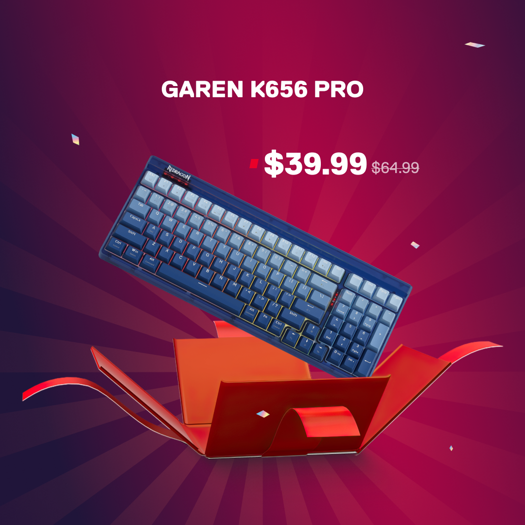 GAREN K656 PRO keyboard with price on a red and purple background