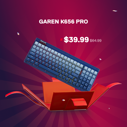 GAREN K656 PRO keyboard with price on a red and purple background
