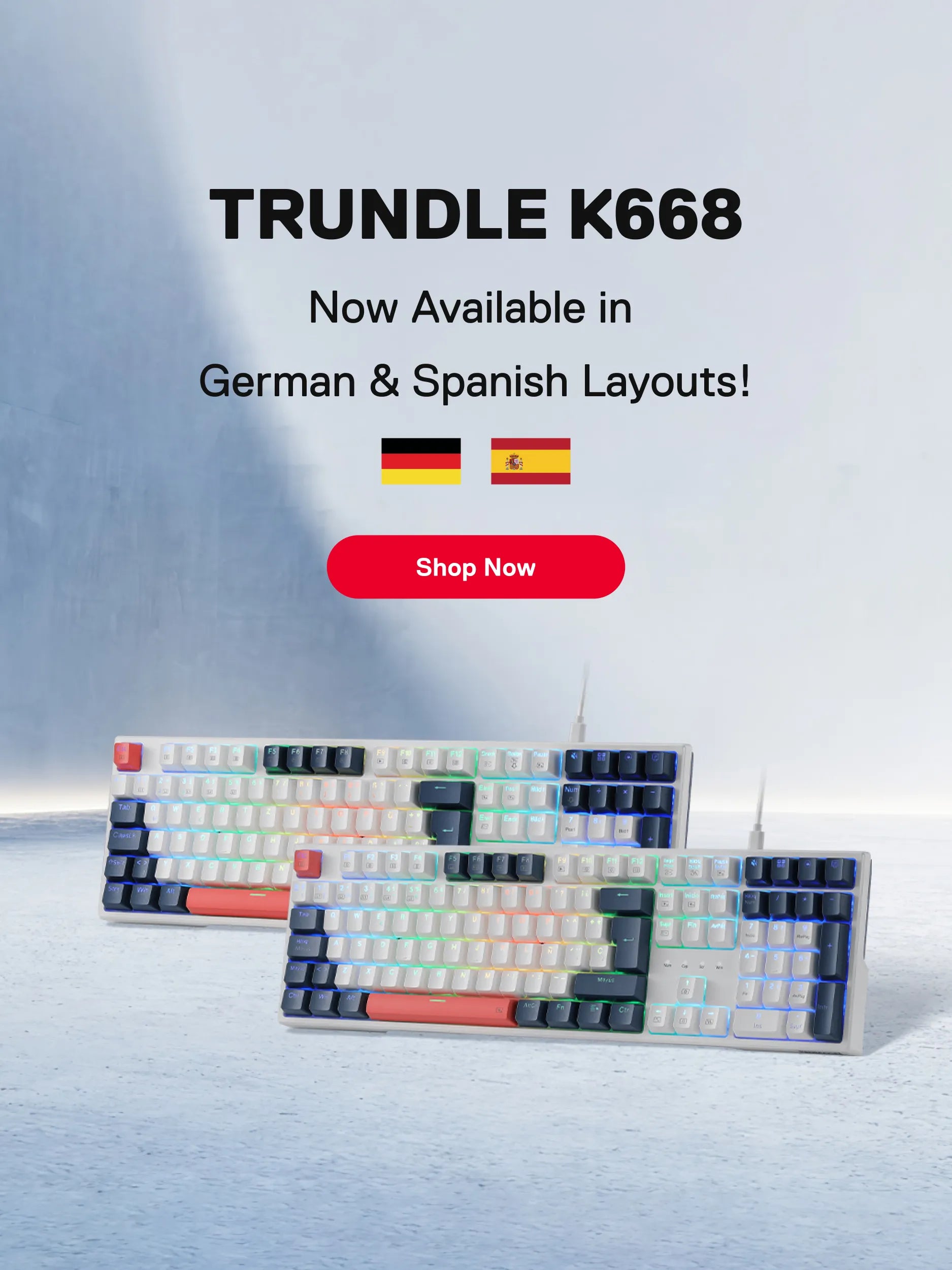 TRUNDELL K668 keyboard with promotional text on a light blue background