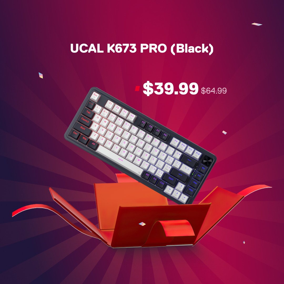 Mechanical keyboard with a red box on a purple background, featuring the UCAL K673 PRO model.