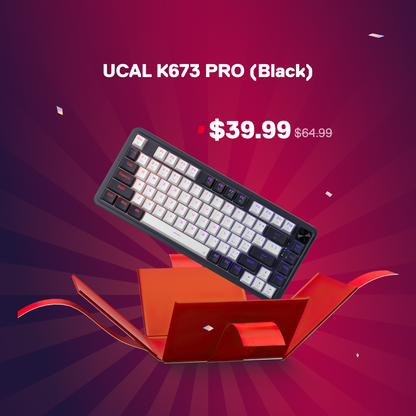 Mechanical keyboard with a red box on a purple background, featuring the UCAL K673 PRO model.