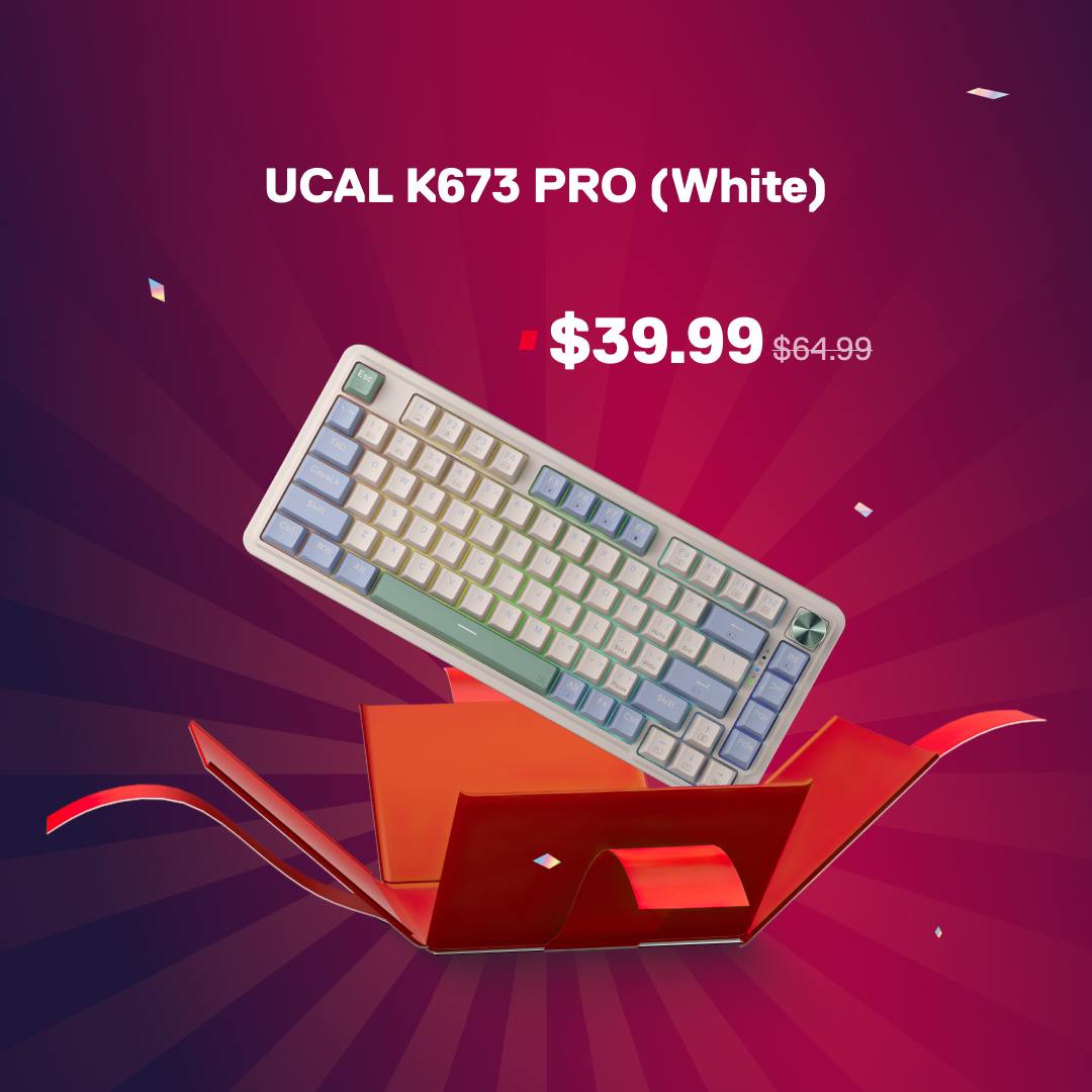 Keyboard with colorful keys on a red box against a purple background, featuring pricing text.