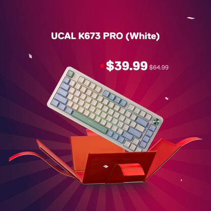 Keyboard with colorful keys on a red box against a purple background, featuring pricing text.