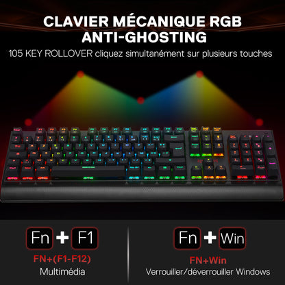 Le clavier mécanique RGB anti-ghosting propose un rollover de 105 touches, avec des raccourcis multimédia (Fn+F1-F12) et la fonction de verrouillage de la touche Windows (Fn+Win).