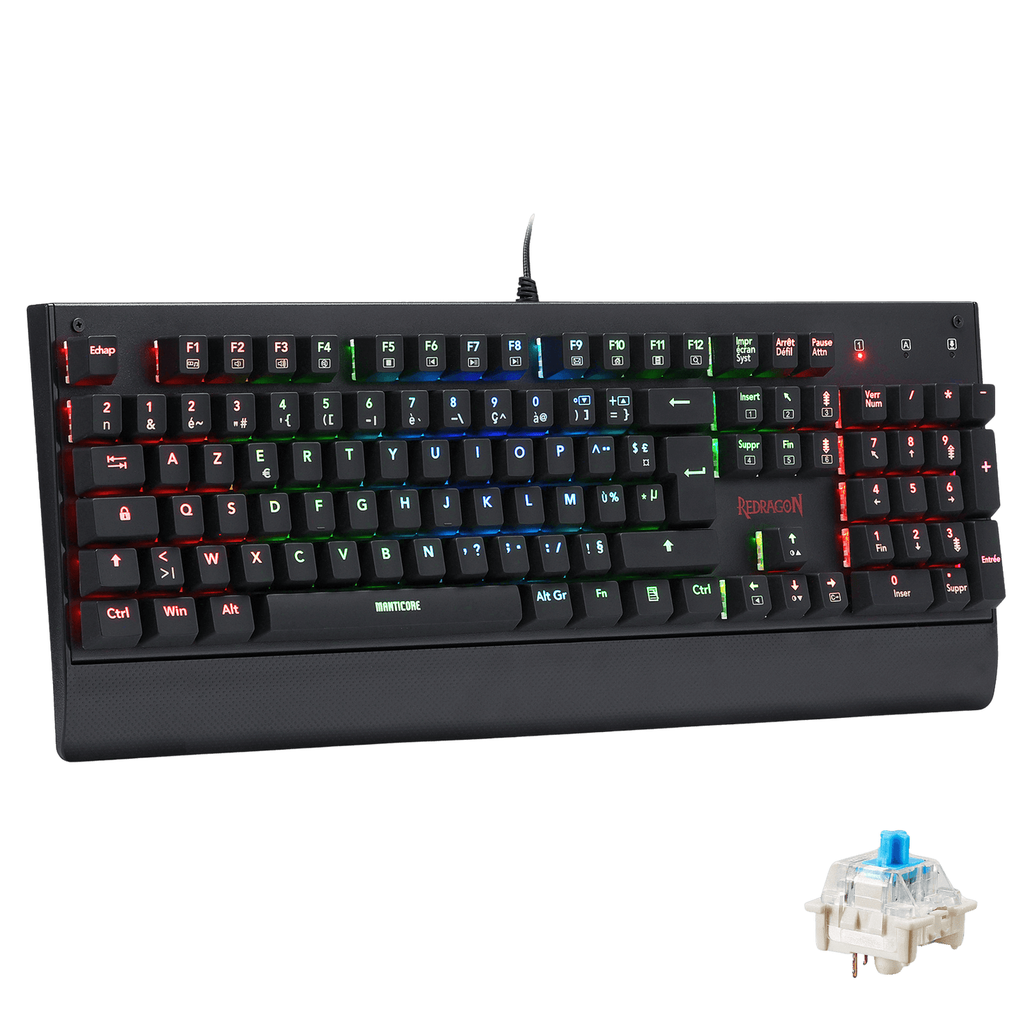 Le clavier mécanique Redragon Manticore est affiché avec son éclairage RGB multicolore, un repose-poignet intégré et un interrupteur bleu détachable pour démontrer son design modulaire.