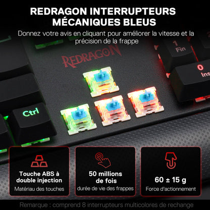 Les interrupteurs mécaniques bleus Redragon sont présentés, avec des spécifications clés : touches ABS double injection, durée de vie de 50 millions de frappes et force d'actionnement de 60 ± 15 g.