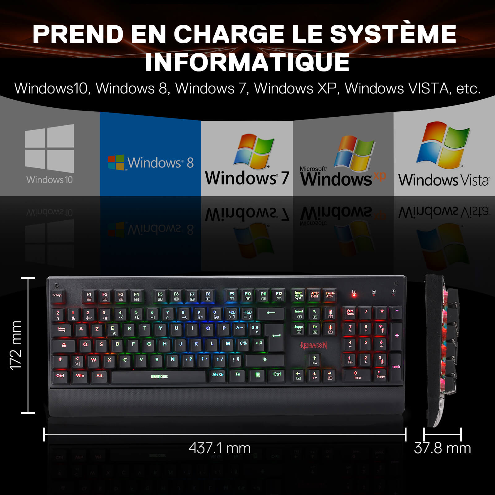 Le clavier est compatible avec les systèmes Windows 10, 8, 7, XP et Vista, avec ses dimensions (437,1 x 172 x 37,8 mm) clairement indiquées.