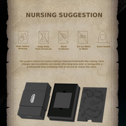 Set against an aged parchment-style background, this "NURSING SUGGESTION" guide lists 5 care tips (e.g., wipe before wearing, avoid water) with icons, plus notes on normal oxidation; below, a branded black box and storage pouch are shown.