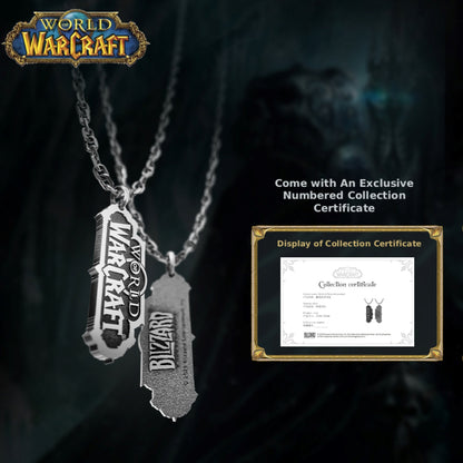 With the "WORLD OF WARCRAFT" logo in the corner, two metallic pendants (engraved with "WORLD OF WARCRAFT" and "BLIZZARD") hang from chains; to the right, text notes they "Come with An Exclusive Numbered Collection Certificate," alongside a framed display of the certificate.