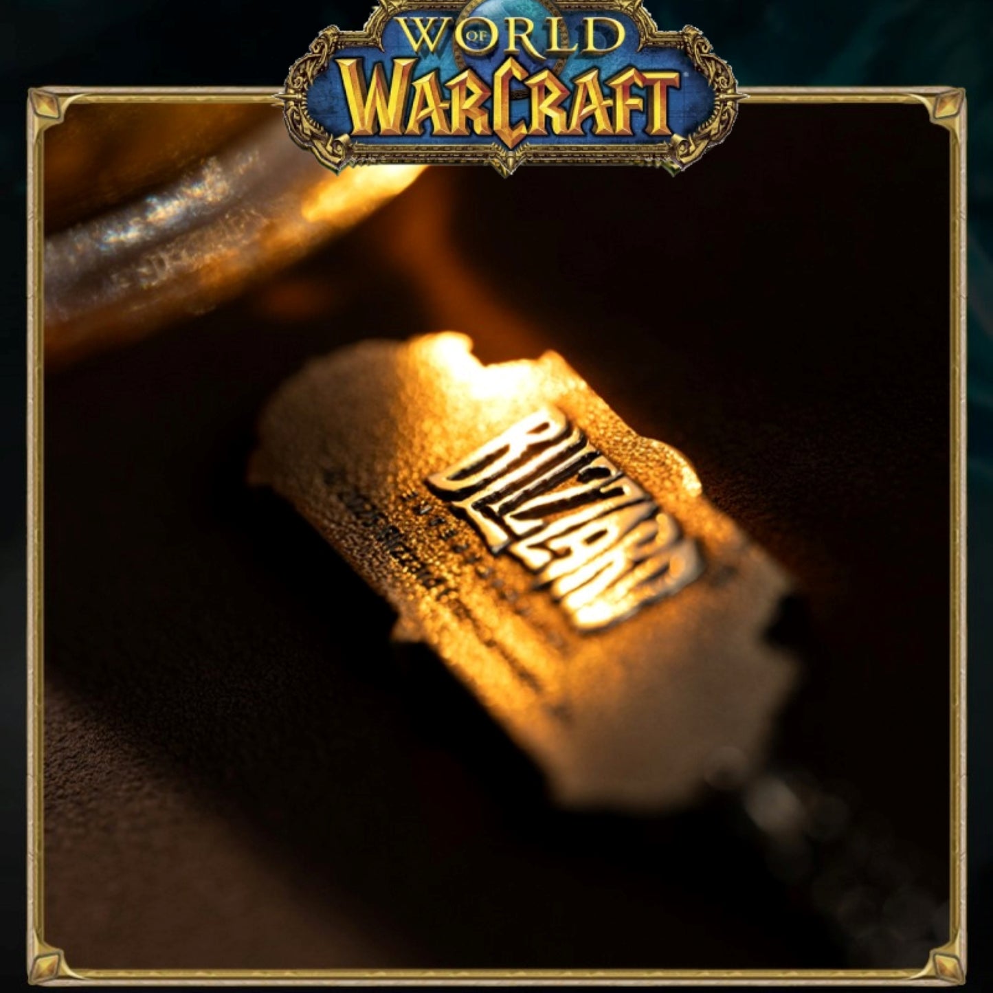 Framed with a gold border (topped by the "WORLD OF WARCRAFT" logo), a metallic pendant engraved with "BLIZZARD" glows under warm, focused light against a dark, textured background.
