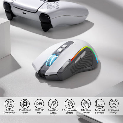 Redragon M612 PRO RGB Gaming Mouse, 8000 DPI Wired/Wireless Optical Gamer Mouse with 7 Programmable Buttons & 7 Backlit Modes, BT & 2.4G Wireless, Software Supports DIY Keybinds Rapid Fire Button