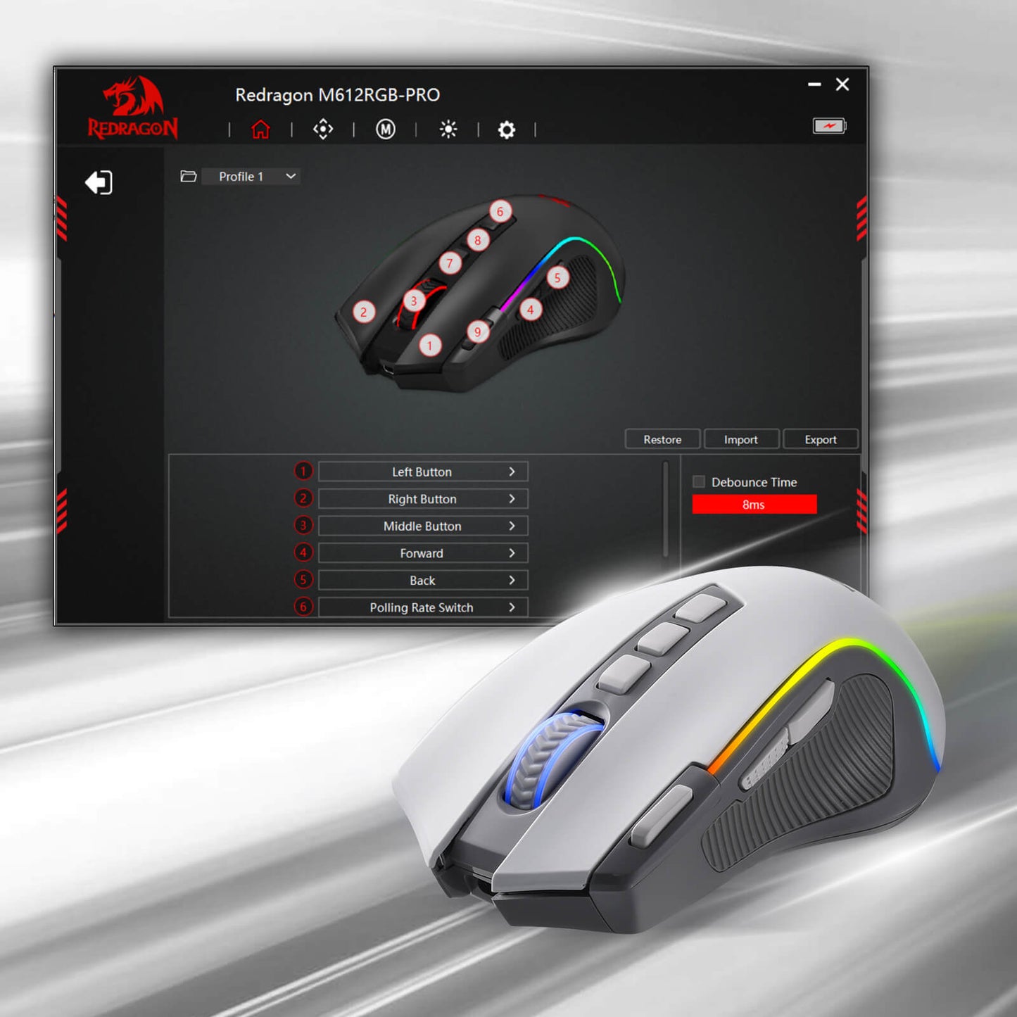 Redragon M612 PRO RGB Gaming Mouse, 8000 DPI Wired/Wireless Optical Gamer Mouse with 7 Programmable Buttons & 7 Backlit Modes, BT & 2.4G Wireless, Software Supports DIY Keybinds Rapid Fire Button