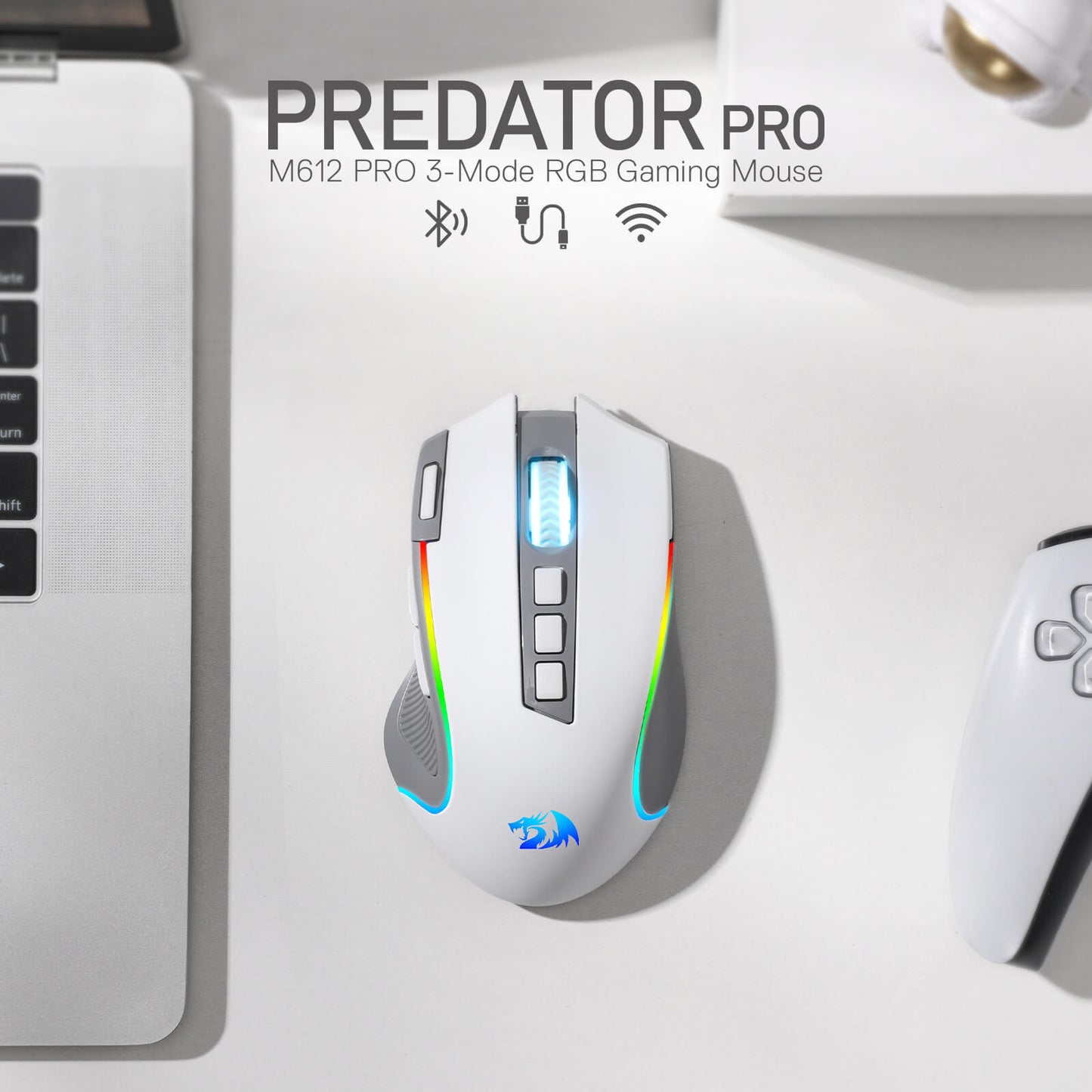 Redragon M612 PRO RGB Gaming Mouse, 8000 DPI Wired/Wireless Optical Gamer Mouse with 7 Programmable Buttons & 7 Backlit Modes, BT & 2.4G Wireless, Software Supports DIY Keybinds Rapid Fire Button