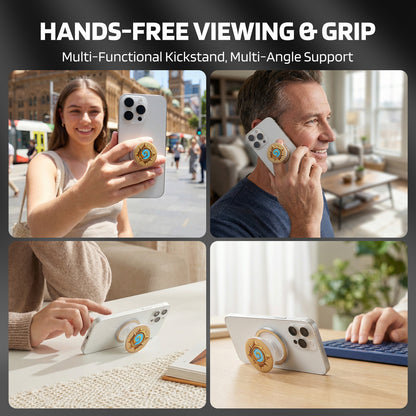 This 4-panel graphic highlights HANDS-FREE VIEWING & GRIP for a Hearthstone sun-emblem accessory: it shows a woman using it as a grip outdoors, a man holding a call, a user typing with it as a stand, and a phone propped on a desk—all demonstrating its multi-functional kickstand and multi-angle support.