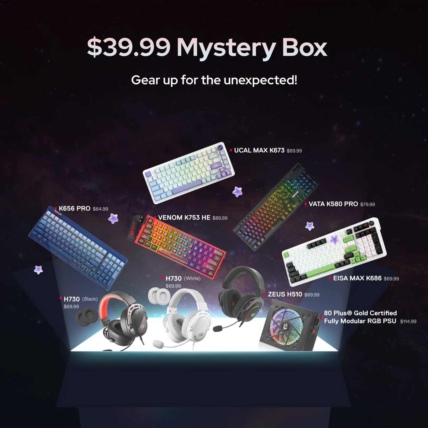 Promotional graphic for a '$39.99 Mystery Box' featuring a collection of gaming peripherals, including keyboards, headsets, and an RGB PSU, arranged on a glowing platform against a dark starry background.