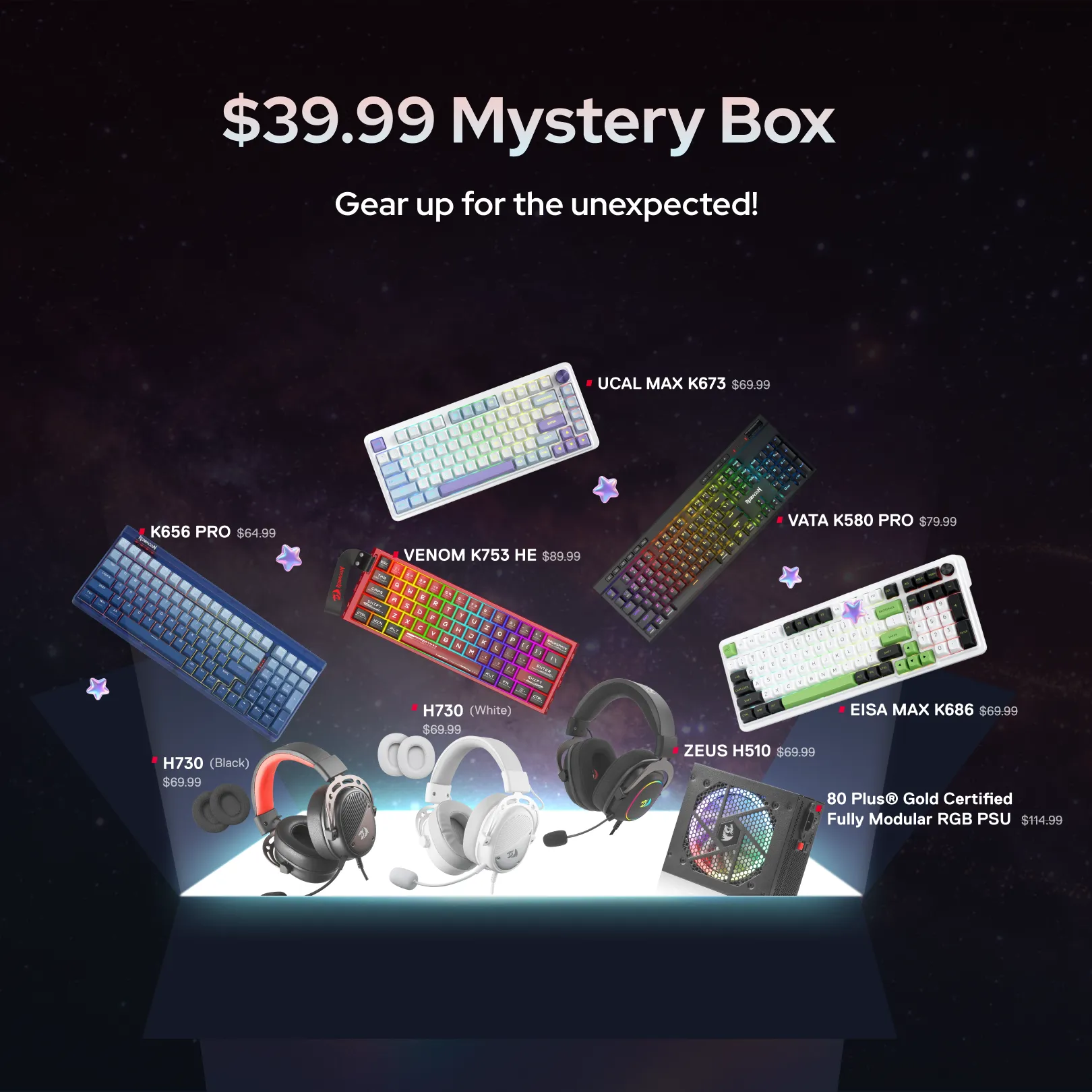 Promotional graphic for a '$39.99 Mystery Box' featuring a collection of gaming peripherals, including keyboards, headsets, and an RGB PSU, arranged on a glowing platform against a dark starry background.