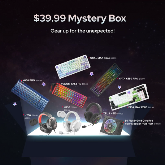 Promotional graphic for a '$39.99 Mystery Box' featuring a collection of gaming peripherals, including keyboards, headsets, and an RGB PSU, arranged on a glowing platform against a dark starry background.