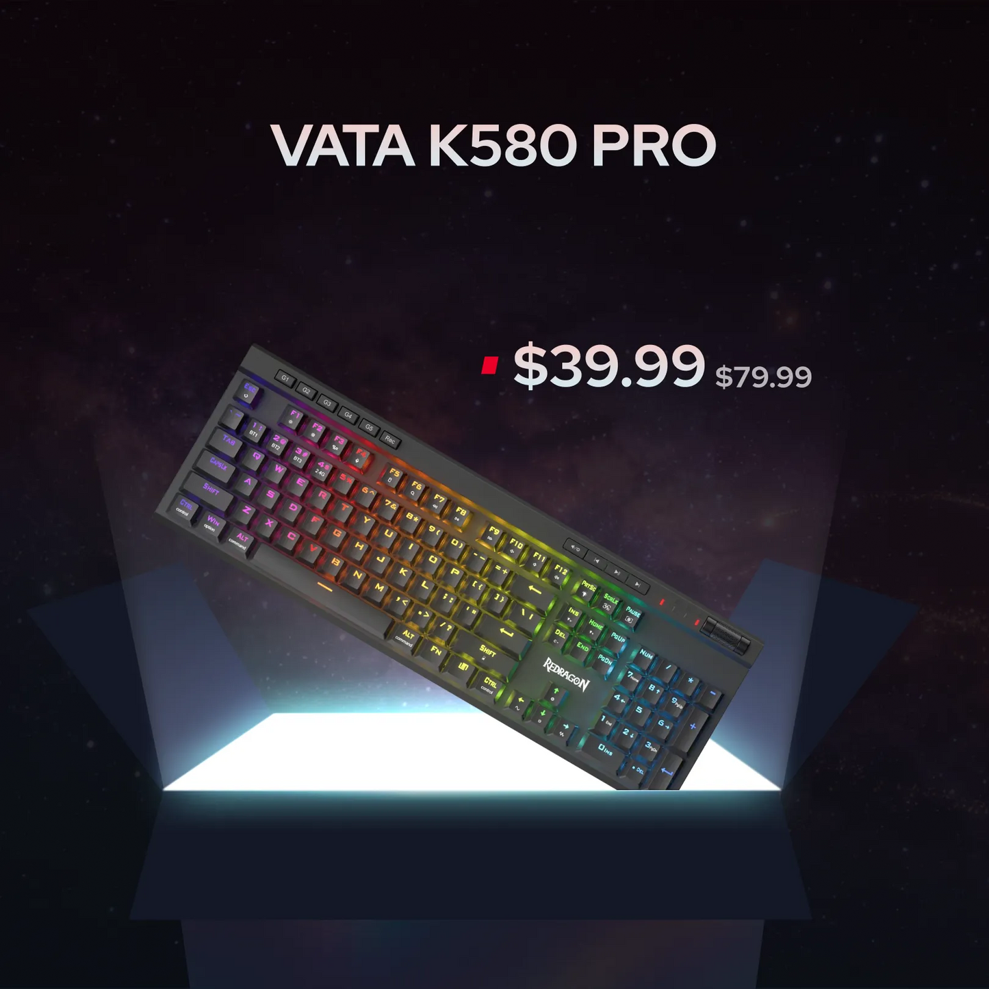 A VATA K580 PRO mechanical keyboard with RGB rainbow backlighting, shown at an angle on a glowing platform against a dark galaxy background. Text overlays display the model name and a price reduction from $79.