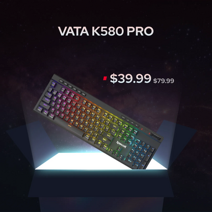A VATA K580 PRO mechanical keyboard with RGB rainbow backlighting, shown at an angle on a glowing platform against a dark galaxy background. Text overlays display the model name and a price reduction from $79.