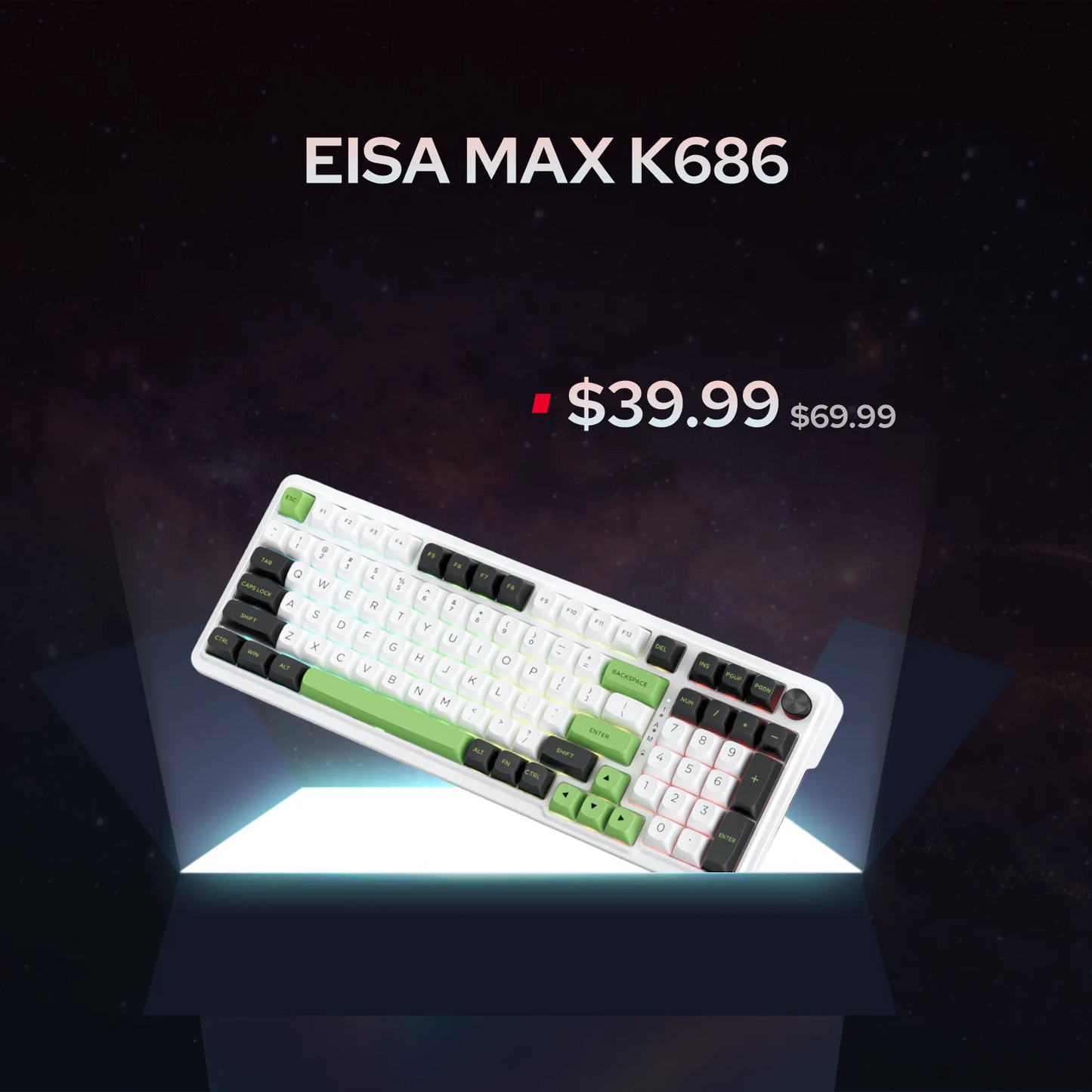 A white mechanical keyboard with green and black key accents, shown at an angle on a glowing platform against a dark starry background. Text above reads 'EISA MAX K686' and '$39.