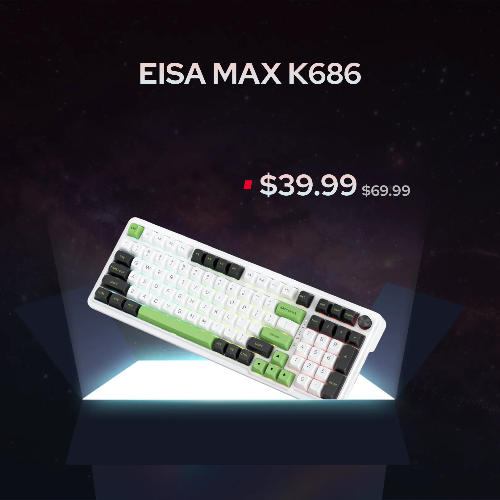 A white mechanical keyboard with green and black key accents, shown at an angle on a glowing platform against a dark starry background. Text above reads 'EISA MAX K686' and '$39.
