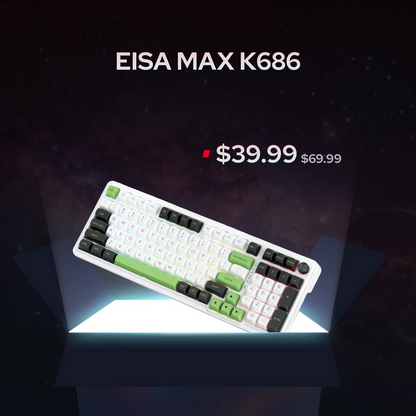 A white mechanical keyboard with green and black key accents, shown at an angle on a glowing platform against a dark starry background. Text above reads 'EISA MAX K686' and '$39.