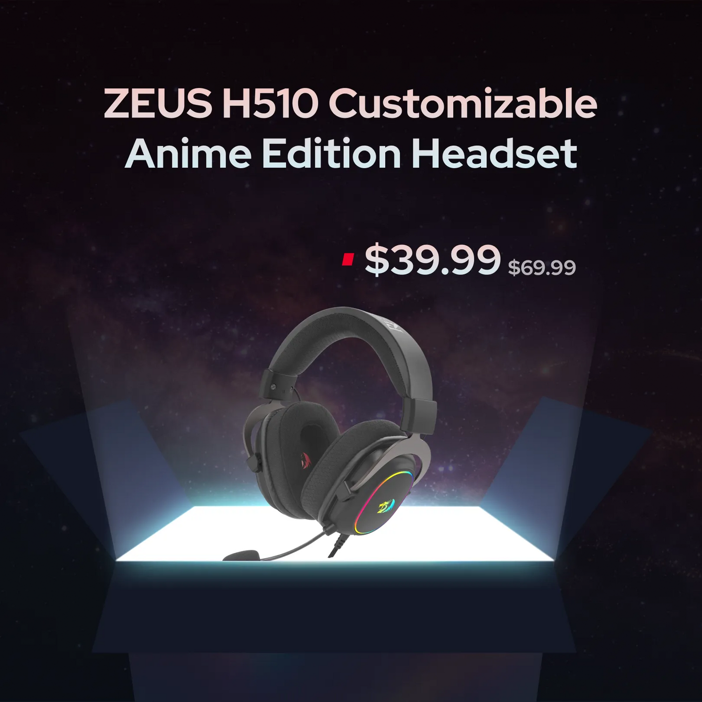 Zeus H510 Customizable Anime Edition Headset shown floating above a glowing platform on a dark space-themed background, with text displaying the product name and price $39.99 ($69.