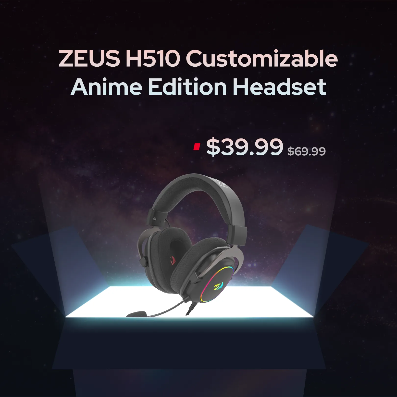 Zeus H510 Customizable Anime Edition Headset shown floating above a glowing platform on a dark space-themed background, with text displaying the product name and price $39.99 ($69.