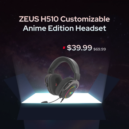 Zeus H510 Customizable Anime Edition Headset shown floating above a glowing platform on a dark space-themed background, with text displaying the product name and price $39.99 ($69.