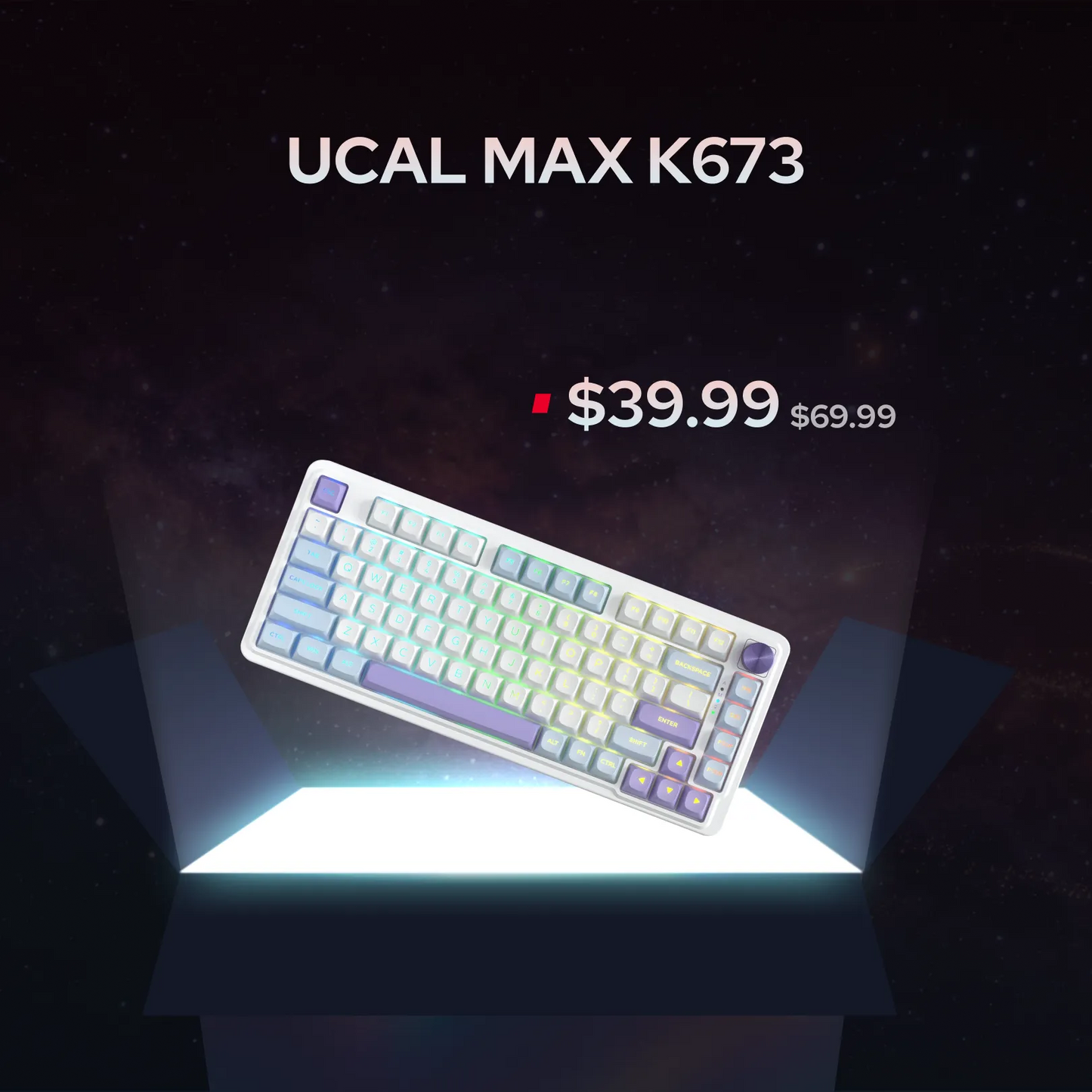 A mechanical keyboard labeled UCAL MAX K673 is shown floating above a glowing platform on a dark space-themed background. The keyboard has a white frame with pastel rainbow keycaps transitioning from blue and purple to green and yellow.