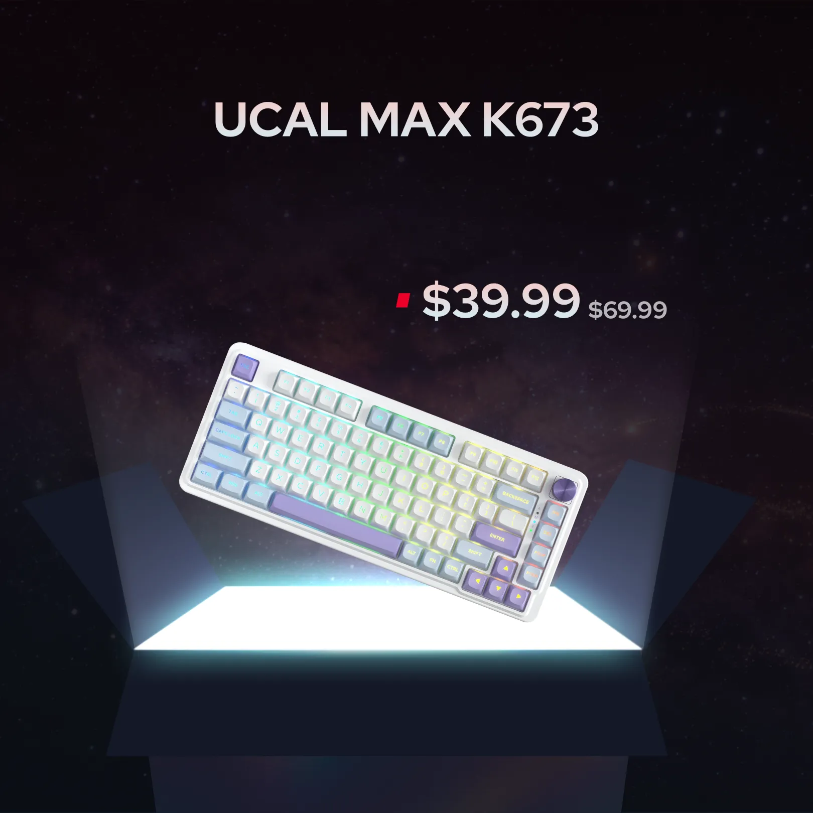 A mechanical keyboard labeled UCAL MAX K673 is shown floating above a glowing platform on a dark space-themed background. The keyboard has a white frame with pastel rainbow keycaps transitioning from blue and purple to green and yellow.