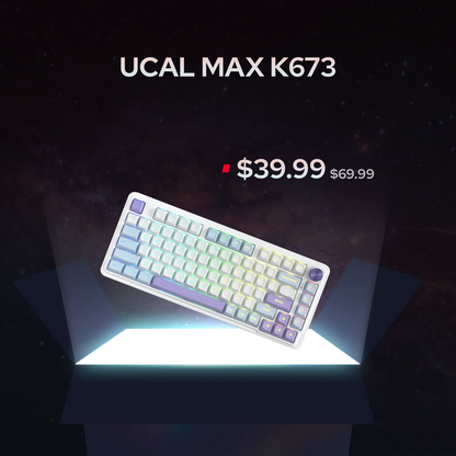 A mechanical keyboard labeled UCAL MAX K673 is shown floating above a glowing platform on a dark space-themed background. The keyboard has a white frame with pastel rainbow keycaps transitioning from blue and purple to green and yellow.