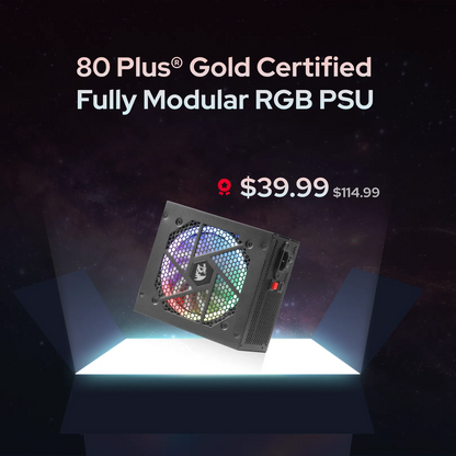 Promotional product graphic for an 80 Plus Gold certified fully modular RGB PSU, showing a black power supply unit with a glowing multicolor fan on a glowing platform against a dark space-like background with pricing text.