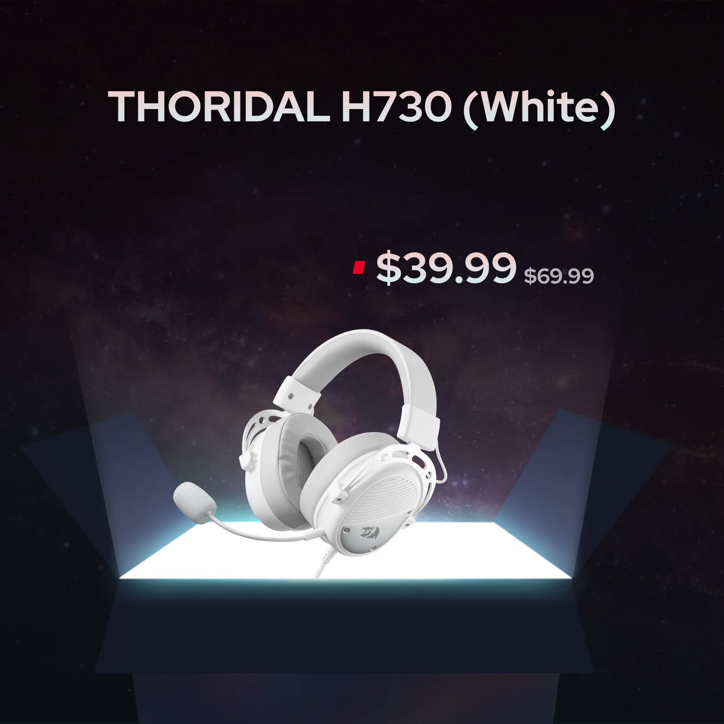 White THORIDAL H730 over-ear gaming headset with an attached microphone, displayed on a glowing white platform against a dark space-themed background with price text '$39.99 $69.