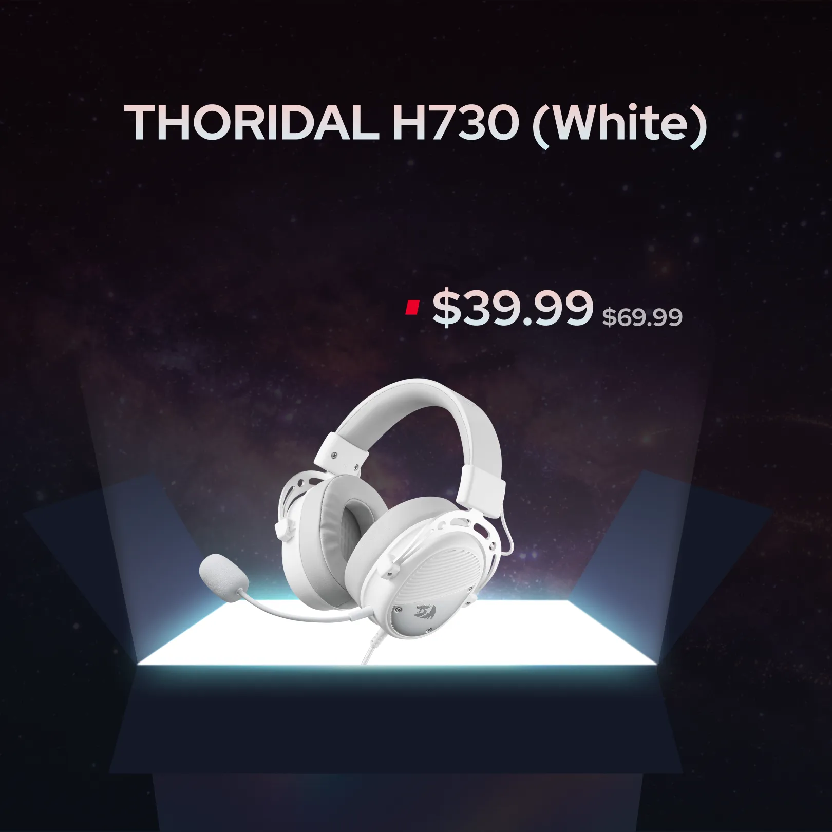 White THORIDAL H730 over-ear gaming headset with an attached microphone, displayed on a glowing white platform against a dark space-themed background with price text '$39.99 $69.