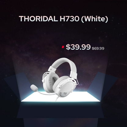 White THORIDAL H730 over-ear gaming headset with an attached microphone, displayed on a glowing white platform against a dark space-themed background with price text '$39.99 $69.