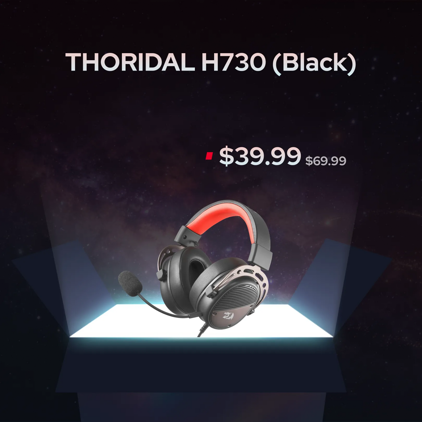 A black over-ear gaming headset with a red accent on the headband and a microphone, shown floating above a glowing platform against a dark space-themed background. Text at the top reads 'THORIDAL H730 (Black)' with a price of '$39.