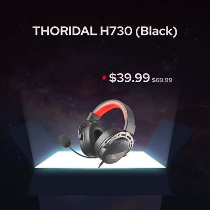 A black over-ear gaming headset with a red accent on the headband and a microphone, shown floating above a glowing platform against a dark space-themed background. Text at the top reads 'THORIDAL H730 (Black)' with a price of '$39.